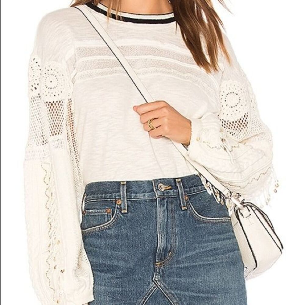 Free People womens Cream Marakesh Embellished Sleeves Blouse New Boho